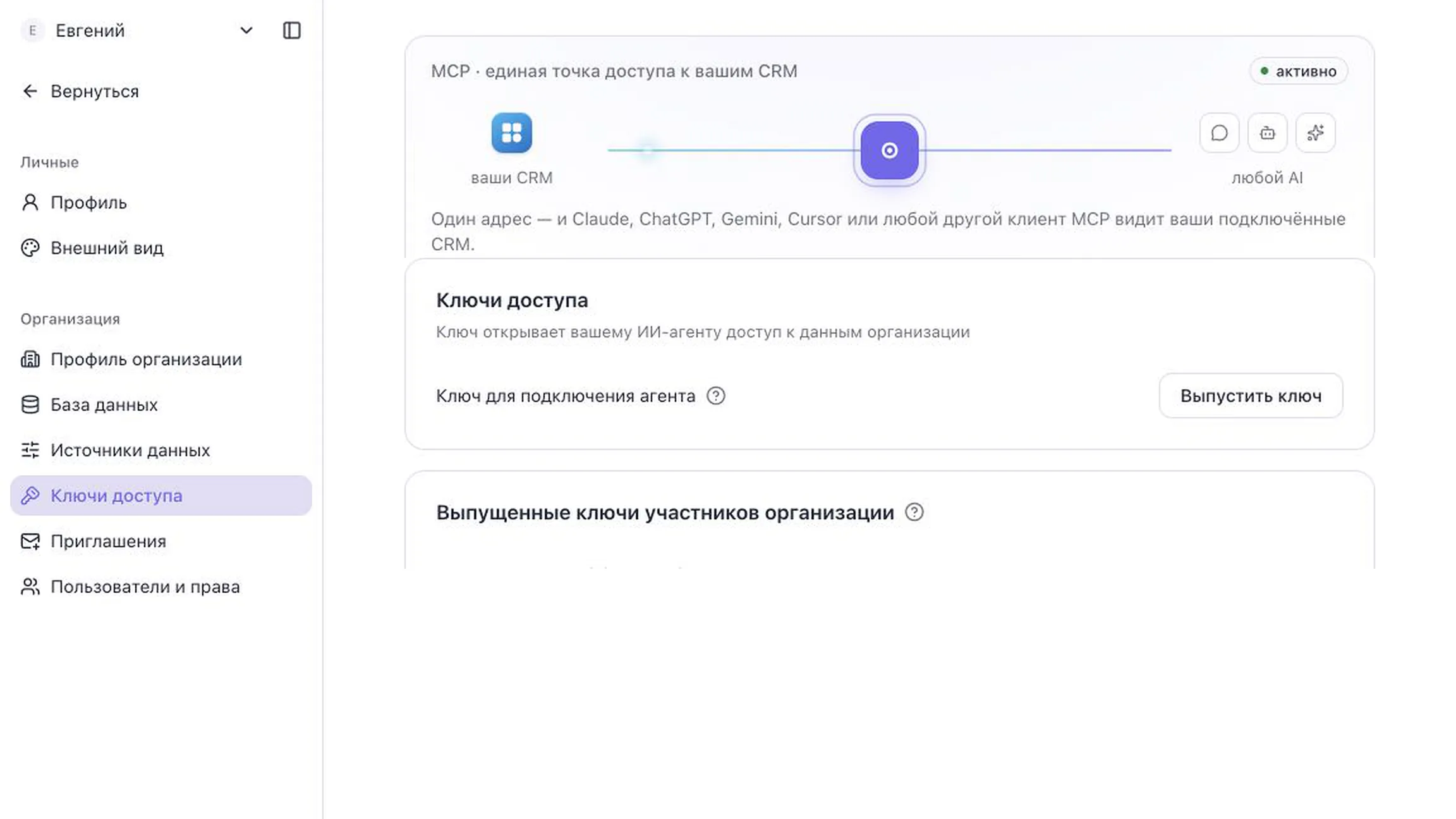 Подключение AI-клиента и управление ключами доступа в justInData