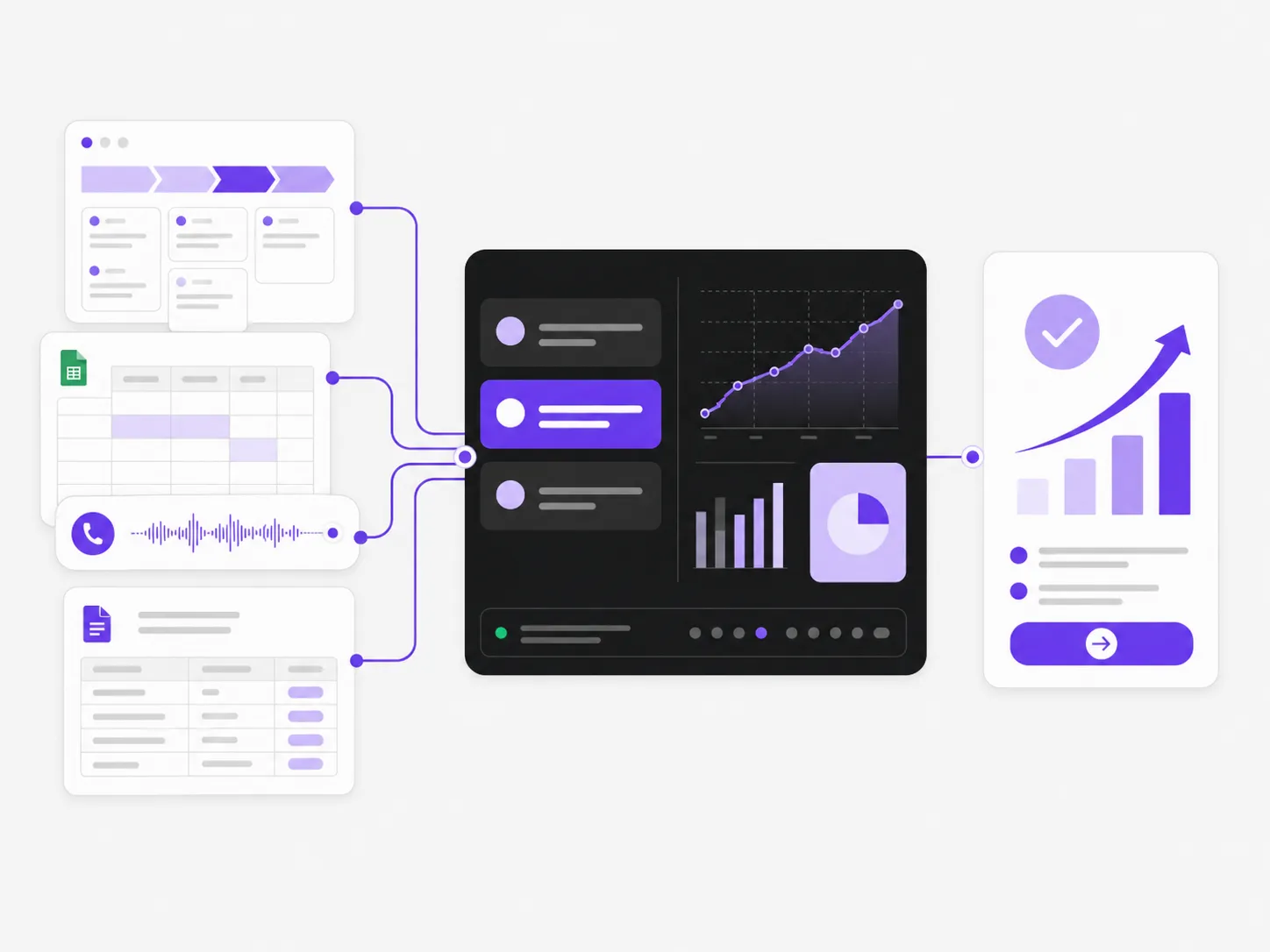 CRM, таблицы, звонки и отчеты соединяются в justInData и превращаются в управленческие решения