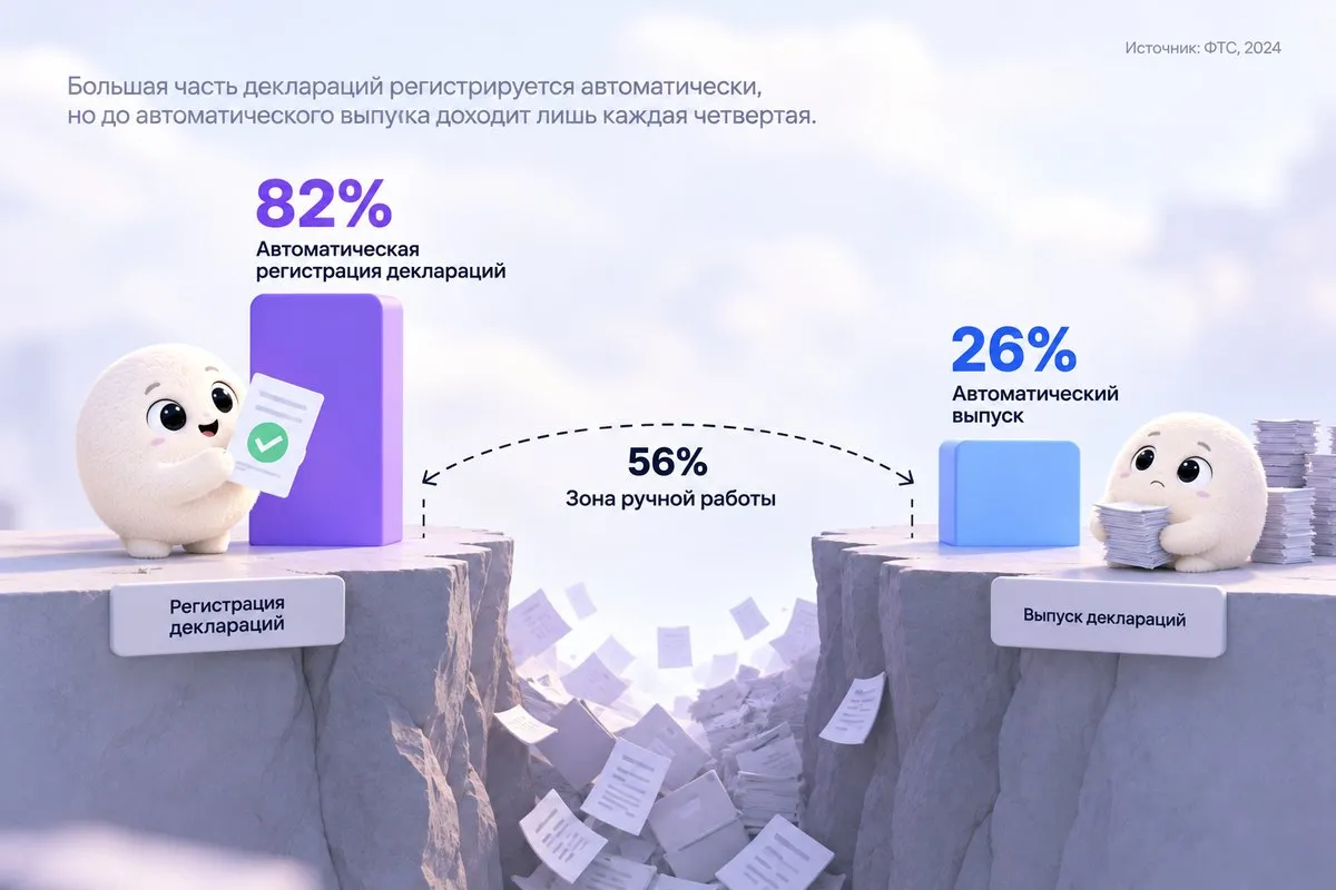 Автоматическая регистрация деклараций — 82%, автовыпуск — 26%. Источник: ФТС, 2024